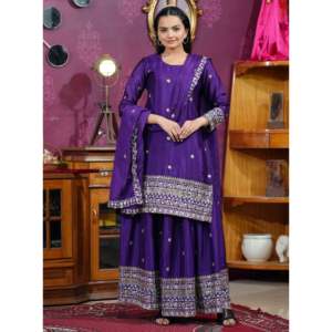 Feni Fashion Designer Women's <b>Purple</b> <b>Suit</b> Set with Embroidered Chinon Sharara Featuring Sequence Embroidery Work - Product Image 1