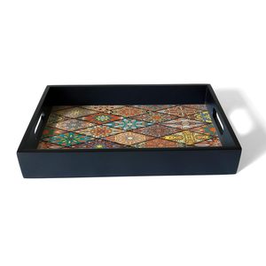 Plateau de service de qualité luxueuse pour la décoration, plateaux à thé rectangulaires en bois avec autocollant imprimé, plateau de service décoratif - Product Image 4