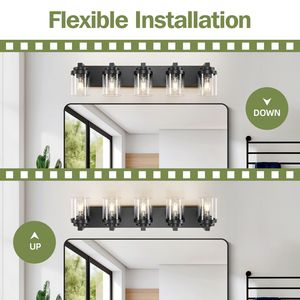 Lampada da Bagno Moderna a 5 Luci, Applique da Parete da 31 Pollici con Paralume in Vetro Nero e Specchio, Illuminazione per Vanità - Product Image 5