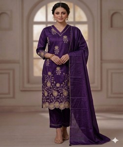 Purple Embroidered Silk Salwar Kameez Dupatta Women Traditional Wedding Wear <b>Ankle</b> Length India Pakistan Style 83801 BS...146 - Product Image 1