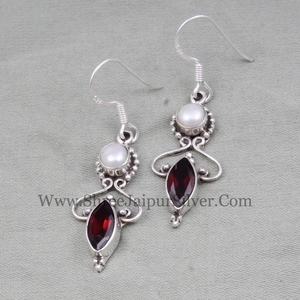 Bridesmaid Natural <b>Red</b> Garnet & Pearl Gemstone Solid 925 Sterling Silver <b>Earrings</b> For Women - Product Image 2
