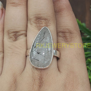Anillo de Cuarzo Rutilado Negro, Plata de Ley 925, Hecho a Mano, con Gema en Forma de Lágrima, Anillo de Diseño, Regalo de Joyería para Mujer - Product Image 2