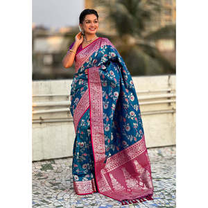 Sari Azul Banarasi con Jaal en Contraste, Tejido en Seda Suave con Zari, Chal Tradicional Indio - Product Image 5