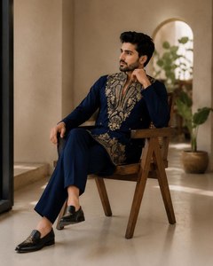 <b>Men's</b> Black Embroidered <b>Kurta</b> With Gold detailing Traditional Indian Wedding Wear Ankle Length Cotton Regular Fit - Product Image 6