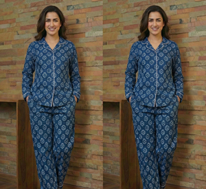 Ensemble de pyjama thermique en coton indigo tissé pour femme, style traditionnel, fait main, réversible, col en V, vêtement de détente, vente en gros - Product Image 3