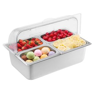 Vassoio da banco in acciaio inox a 4 scomparti per servire e presentare alimenti, con dispenser per condimenti e espositore per buffet - Product Image 6