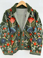 Veste en velours Suzani faite à la main de luxe pour l'automne/hiver, broderie florale, réversible, respirante, col montant, coton, art folklorique bohème
