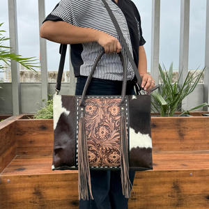 New Women's Genuine Hand Tooled Cowhide Leather <b>Tassel</b> Tote <b>Bag</b> Trendy Floral Design Cowgirl Crossbody Western Carry Handbag - Product Image 4