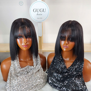 Perruque Bob Longue à Franges Droites 100% Cheveux Humains Vietnamiens Bruts, Double Tissage, Dentelle Transparente, Vente en Gros - Product Image 3