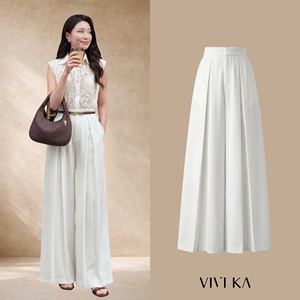 Pantalones de Mujer Blancos, Refinados, de Cintura Alta, Pierna Ancha, Plisados, con Cierre Frontal, Casuales, para Oficina, NERINA - Product Image 1