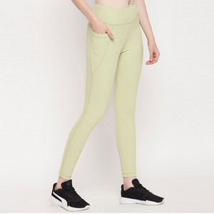 Women's High Waist Solid Color Stretch Leggings With Pockets Full Length Sporty Style Breathable Knitted Fabric - Product Image 1
