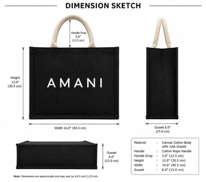 AMANI กระเป๋าช้อปปิ้งผ้าปอกระเจาขนาดใหญ่ สีดำ พิมพ์ลายตัวอักษร หูหิ้วเชือก ขนาด 16x12x6 นิ้ว - Product Image 2
