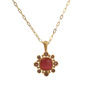 Pink Cat's Eye Pendant Gold Plated Necklace Vintage Statement Jewelry Birthstone gift for Her - Product Image 4