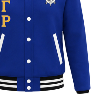 Royal Blue Varsity Letterman Jacket Gold Greek Letters Black <b>White</b> Striped Ribbing Embroidered Crest Snap <b>Button</b> College Coat - Product Image 5