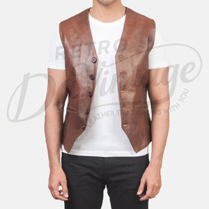 Chaleco de cuero genuino marrón para hombre, corte ajustado, cuello en V, con botones, sin mangas, formal, informal. - Product Image 6