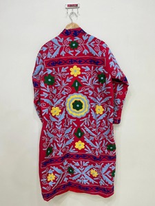 Bata de algodón hecha a mano con bordado floral rojo, manga larga, cuello mandarín, informal, de longitud completa, para mujer, para otoño - Product Image 4