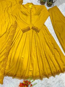 Women Mustard <b>Yellow</b> <b>Lace</b> Border Kurta Palazzo Set with Dupatta Floor Length Indian Pakistani Salwar Suit - Product Image 4