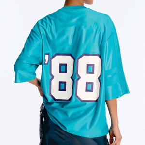 Haut en jersey américain bleu surdimensionné en maille respirante pour femme, col en V, qualité supérieure, coupe ample, fournisseur en gros - Product Image 2