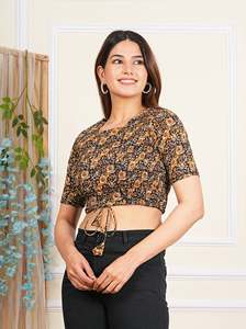 Chemisier en coton à imprimé floral couleur moutarde pour femme – Haut confortable et respirant, élégant et formel pour l'été - Product Image 3