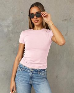 Women's Light <b>Pink</b> Crew Neck Short Sleeve Slim Fit Cotton Jersey T-Shirt Casual Solid Color Breathable Spring Summer Top - Product Image 5
