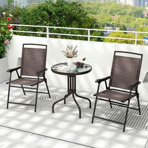 Set da 3 Pezzi con Tavolo Rotondo e Sedie Pieghevoli da Patio con Piano in Vetro Temperato Ondulato - Product Image 2