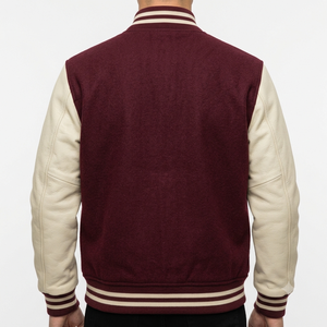 <b>Men's</b> Maroon Varsity <b>Jacket</b> With Cream <b>Leather</b> Sleeves Stand Collar Button Closure Autumn Casual Outerwear Regular Fit - Product Image 5