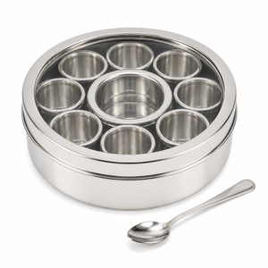 Dheer International - Caja de especias Masala Dabba de acero inoxidable premium n.° 13 con 9 recipientes y 1 cuchara, diámetro 22.50, venta al por mayor - Product Image 1