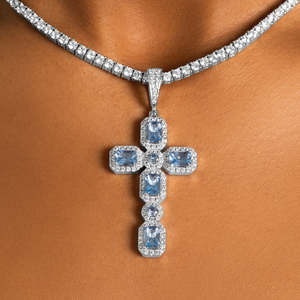Iced Out Blue Stone <b>Cross</b> Pendant | White Gold Plated Christian <b>Cross</b> <b>Necklace</b> Charm | Hip Hop Luxury Jewelry for <b>Men</b> & Women - Product Image 3
