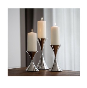 Set of 3 <b>Silver</b> Chrome Pillar Candle Holders - Modern Hourglass Metal <b>Candlestick</b> Stands for Dining Table Centerpiece - Product Image 1