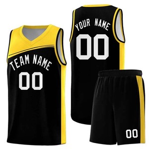 Ensemble de maillots de basket-ball unisexe noir et jaune, col en V, sans manches, en maille sublimée respirante, taille élastique, nom de l'équipe adulte 00 - Product Image 1