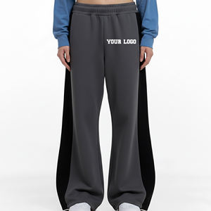 Pantalon en molleton gris pour femme, taille haute, coupe large, taille élastique, ample, longueur intégrale, couleur unie, avec bande latérale, décontracté, vente en gros - Product Image 1