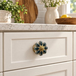 SHUBHAM Floral Kitchen Cabinet Knob Porcelain Drawer Pull Gold Blue Decorative Handle for <b>Wardrobe</b> Drawer - Product Image 1