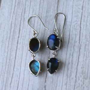 Blue Fire Labradorite <b>Earrings</b> 925 Sterling <b>Silver</b> Vintage <b>Dangle</b> Drop Boho Jewelry Pear Oval Cabochon Channel Setting Party - Product Image 4