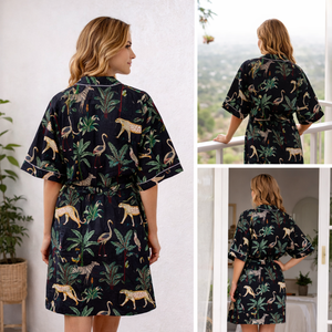 Kimono de Algodón con Estampado Floral Negro, Cuello en V, Ropa de Dormir Larga con Cordón Ajustable, Hecho a Mano, Ropa de Estar de Lujo para Mujer, Maria Garments - Product Image 6