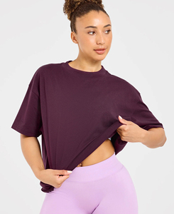 Camiseta Corta Morada Oversize para Mujer, Cuello Redondo, Manga Corta, Color Sólido, Ajuste Holgado, Tejido de Algodón Jersey, Transpirable, para Todas las Estaciones - Product Image 1