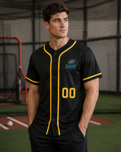 Camiseta Deportiva SAMI ENTERPRISES para Hombre, Negra, Estilo Béisbol, Manga Corta, con Botones, Malla Sublimada, Absorbe la Humedad - Product Image 1