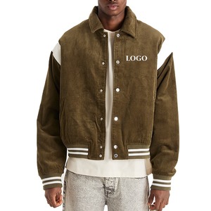 Chaqueta Varsity de Pana para Hombre, con Logotipo Bordado, Cuello Camisero, Abrigo Casual de Otoño, Corte Regular, Color Sólido, Decoración Frontal - Product Image 1