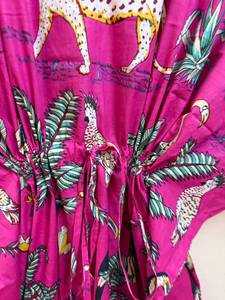 Women's Pink Floral Print Cotton Maxi <b>Kaftan</b> Dress | V-neck Batwing Sleeve Eco-Friendly Breathable Safari <b>Beach</b> Cover-Up Boho - Product Image 3