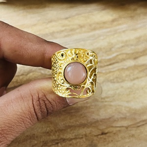 Hot Selling Peach Moonstone Brass <b>Ring</b> 18k Gold Plated Filigree Texture Floral <b>Ring</b> <b>Statement</b> Chunky Wholesale <b>Ring</b> For Women - Product Image 6