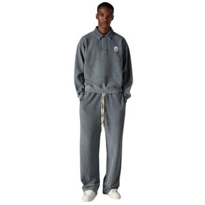 Heavyweight Grey Washed Ribbed Polo Sweatshirt and <b>Jogger</b> Set for Men Cotton Streetwear Sweatpants with Ribbed Collar Fashion - Product Image 6