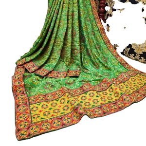 Indio Katan Saree último diseñador fiesta desgaste boda señoras mujeres desgaste Georgette seda bordado trabajo Sari con blusa étnica - Product Image 1