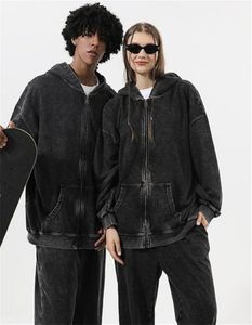 Sudadera con capucha extragrande para hombre, con cremallera, lavado ácido, algodón grueso, OEM, venta al por mayor - Product Image 2