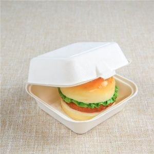 Boîtes à hamburgers compostables en canne à sucre biodégradables pour la restauration en plein air et les pique-niques 6 * 6 pouces Boîtes pour hamburgers, sandwichs et collations - Product Image 1