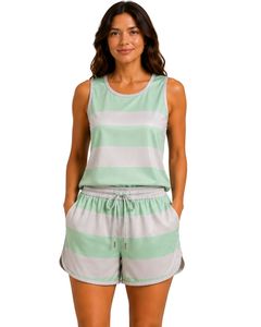 Conjunto de pijama de satén para mujer, camiseta sin mangas con rayas verdes y blancas, pantalones cortos con cintura elástica, conjunto de ropa de dormir de lujo para verano - Product Image 1