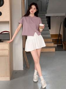 Camiseta Corta Asimétrica Color Malva para Mujer, Blusa Casual de Manga Corta con Cuello Redondo, Fabricada con Algodón y Spandex de Primera Calidad para Verano - Product Image 4