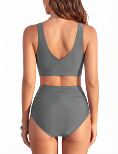 Gray Swimsuit Trendy Woman Bikini Set Two Piece Tummy Control Cross Wrap Crop Top Bathing Suit Summer Beachwear Swim Wear - Product Image 2