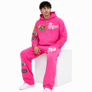 Ensemble de survêtement en strass pour homme, sweat à capuche zippé orné de cristaux et pantalon de jogging large, style streetwear - Product Image 5