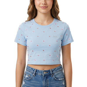 <b>Rhinestone</b> Embellished Baby Tee Regular Fit Half Sleeve women's shirt Crew Neck Casual <b>Crop</b> <b>Top</b> Spring Summer Custom Boutique - Product Image 1