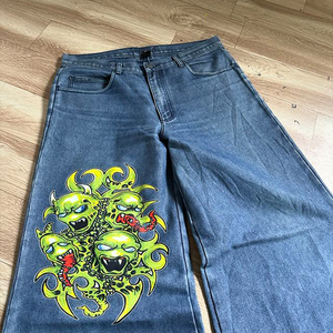Wide Leg Denim Jeans Men Streetwear Embroidered Alien Print High Waist Loose Fit Stonewashed Cotton <b>Spring</b> Style - Product Image 6
