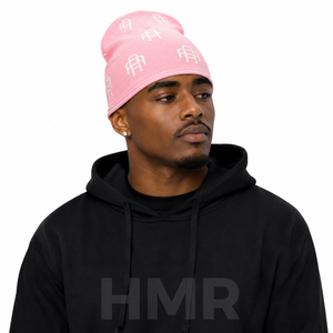 Gorro de punto jacquard rosa, cálido y bonito, de la hermandad HMR, con logotipo bordado, estilo urbano unisex para adultos. - Product Image 5